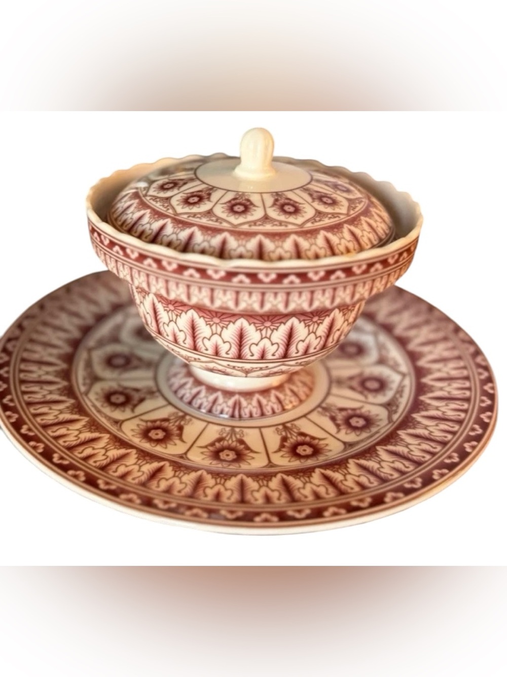 Harry & David Covered Compote Dish w Lid Plate Red Transferware Candy Dish